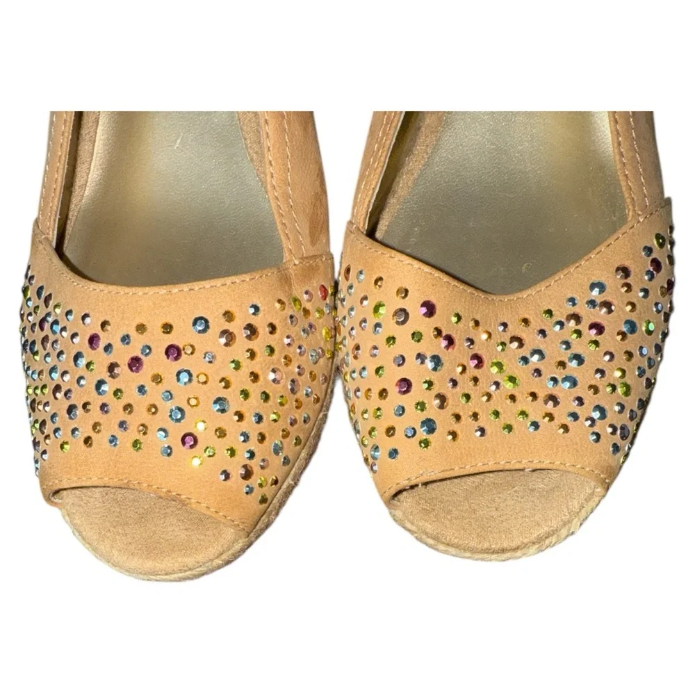 Anne Klein Polara‎ Tan Leather Slingback Wedge Espadrilles 7M Rhinestone Sandals